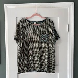 Magnolia Pearl Geen and Cream Checkered Tee with Neon Print. OS.